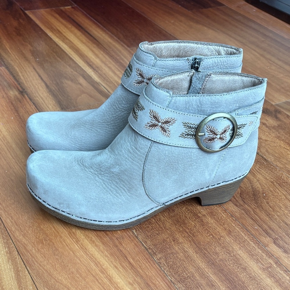 Dansko Light Gray Suede Ankle Boots with Embroidered Strap